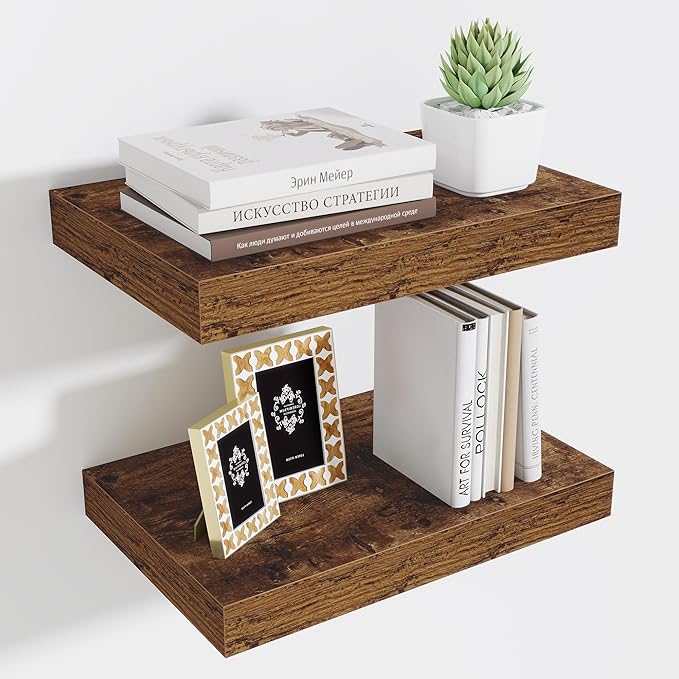 Fun Memories Floating Shelves for Wall - 10 x 16 Floating Shelf - Rustic Wood Storage Shelf - Wall Shelves with Invisible Bracket - 16" Bookshelves for Living Room & Bedroom - Rustic Brown - Set of 2