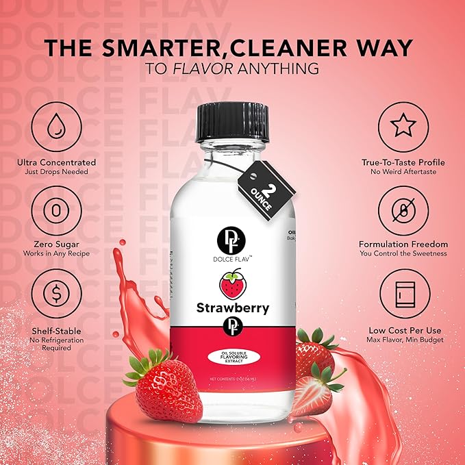 Dolce Flav Strawberry Extract – 2 Ounce Oil-Soluble Kosher, Sugar-Free, Concentrated Berry Flavor for Candy, Chocolates & Desserts, Includes Measured Dropper, Pack of 2