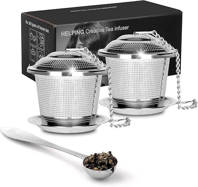 Numola Tea Infuser for Loose Tea, Loose Leaf Tea Infusers Set, Fine Mesh Tea Steeper with Spoon and Drip Trays, Tea Diffusers with Extented Chain Hook for Tea Lovers