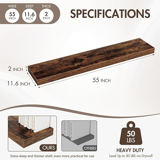 55 Inch Floating Shelves, 12" Deep Floating Shelf Wall Mounted, 55" Wall Shelves, Rustic Deep Bookshelf, Extra Deeper & Thicker Display Shelves for Bedroom, Living Room, Brown, Set of 2