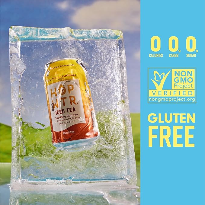 HOP WTR - Sparkling Hop Water - Iced Tea & Lemonade (12 Pack) - NA Beer, No Calories or Sugar, Low Carb, With Adaptogens and Nootropics for Added Benefits (12 oz Cans)