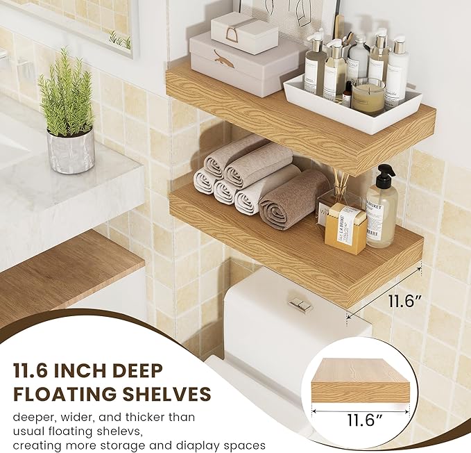 Deep Floating Shelves | 24 Inch Oak Floating Shelves Set of 2 | 12 Inch Deep Rustic Wood Shelves for Wall | 24" W x 12" D Oak Shelves for Living Room Bathroom Laundry Room Kitchen