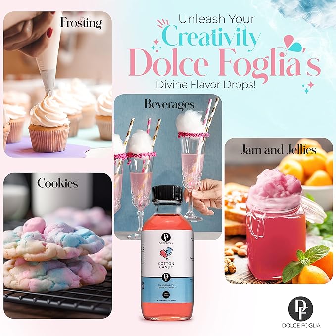 Dolce Flav Cotton Candy Extract 2 oz – Kosher, Sugar-Free, Concentrated Carnival-Style Flavoring for Baking, Frostings & Drinks, Includes Measured Dropper