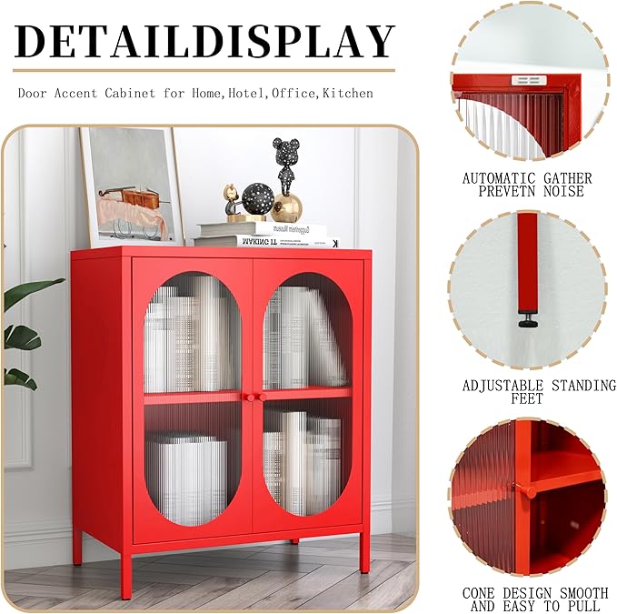 Small 2 Transparent Door Metal Storage Side Buffet Cabinet for Bed Room,Living Room,Entryway,Hallway,Home,Hotel,Office,Garage,Kitchen,1 Removable Shelf. (Transparent Door, Red)