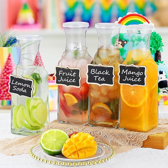 Glass Carafe with Lid, 4Pcs Square Glass Carafe Juice Containers 1 Liter Clear Glass Pitcher Drink Dispensers for Beverage Cold Water Juice Milk Iced Tea Wine Dishwasher Safe