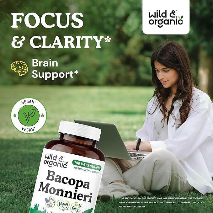 Wild & Organic Bacopa Monnieri Capsules 600 mg - Brain Support - Natural Bacopa Supplements - Brahmi Capsules - 180 Days of Supply - Vegan, No Fillers, Non-GMO - 180 Count