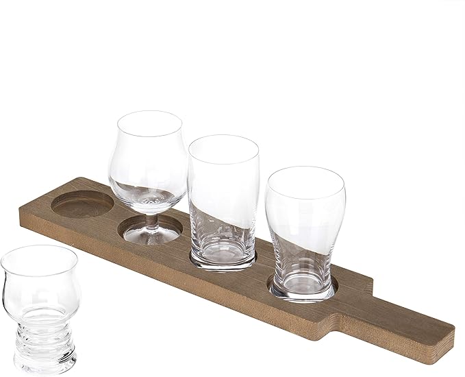 MyGift Rustic Solid Wood Sampler Tray Beer Flight Holder Serving Set with 4 Glasses and Erasable Chalkboard Label (Brown Solid Wood)
