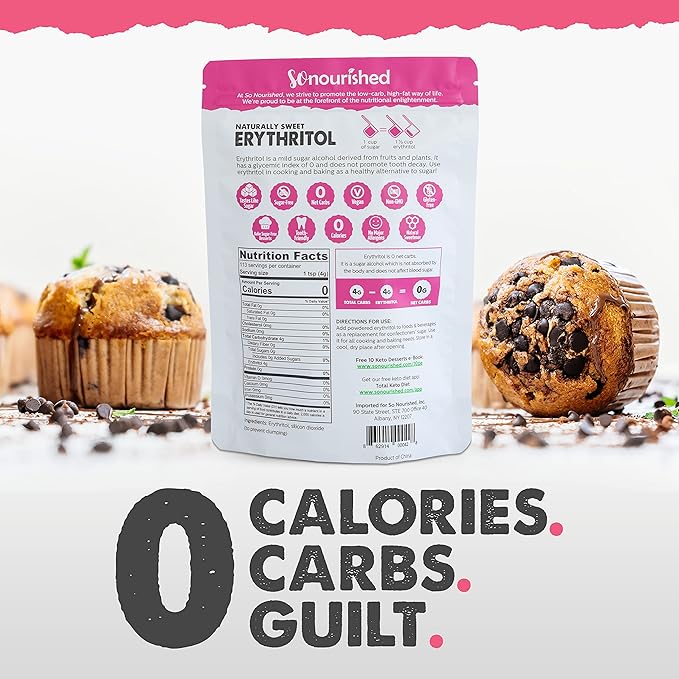 So Nourished Powdered Erythritol Sweetener - 1:1 Sugar Substitute, Keto - 0 Calorie, 0 Net Carb, Non-GMO (2.5 lbs / 40 oz)
