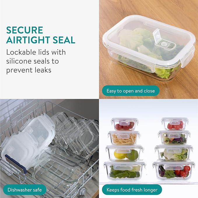 Navaris Glass Food Storage Containers with Lids - Set of 8, Airtight & Lockable - Reusable Meal Prep Containers for Lunch, Leftovers & Picnic - Microwave, Dishwasher & Oven Ready