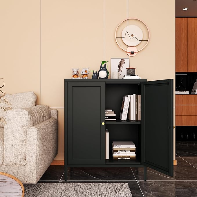 Small 2 Transparent Door Metal Storage Side Buffet Cabinet for Bed Room,Living Room,Entryway,Hallway,Home,Hotel,Office,Garage,Kitchen,1 Removable Shelf. (Square Door, Black)