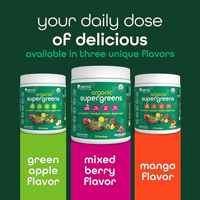 Zena Nutrition Organic Super Greens Powder, 70+ Superfoods, 0 Sugar, 3G Fiber, Spirulina, Chlorella, Mushrooms, Prebiotics/Probiotics, Digestive Enzymes for Gut Health, Green Apple, 30 Servings