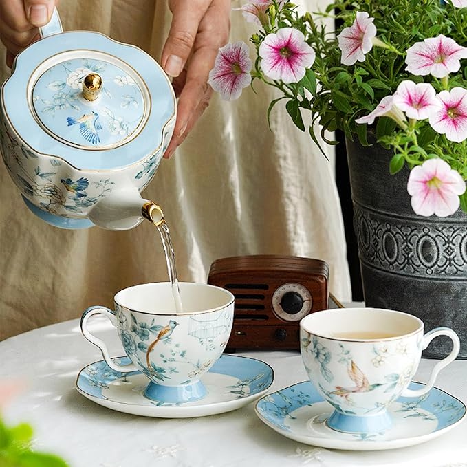 Bone China Tea Cup and Saucer Set, Bone China Coffee Cups and Saucers, Vintage Blue and White TeaCups snd Saucers Gift for Mom Friend Tea Party (light blue)