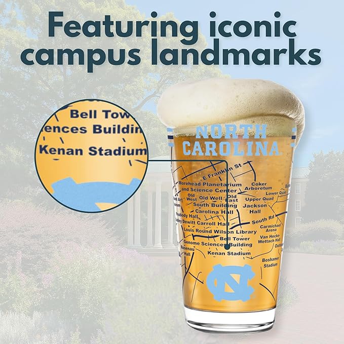 Greenline Goods – North Carolina College Pint Beer Glasses (Set of 2), 16 oz – Full‑Color Logo + Campus Map