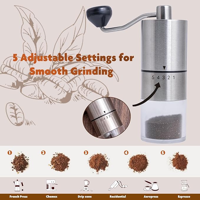 Topadorn Manual Coffee Grinder with Hand Crank Travel Coffee Bean Stainless Steel Grinder Great Gift for Home, Espresso, Office and Camping