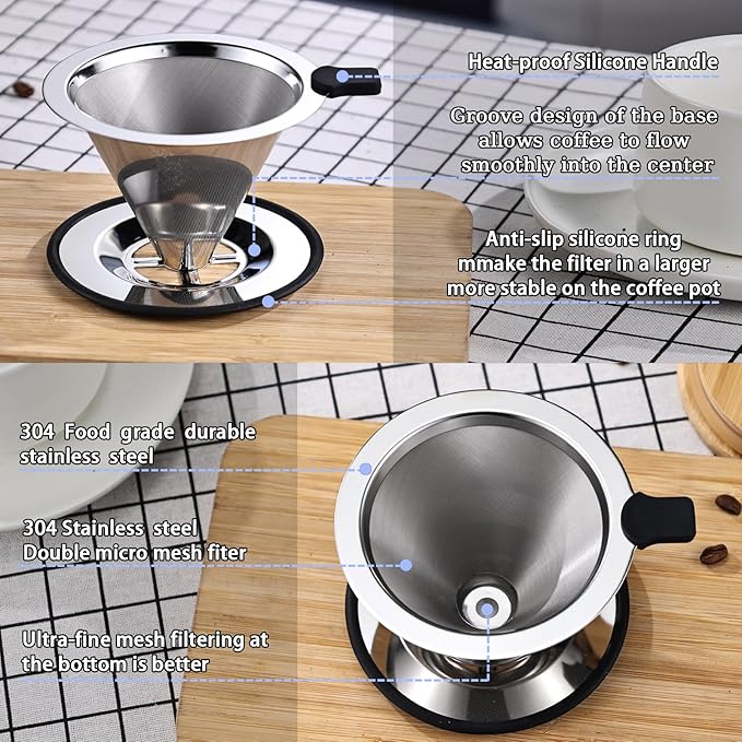 Pour Over Coffee Filter Dripper, Stainless Steel Metal Cone Drip Coffee Filter, Paperless and Permanently Reusable, Double Mesh Coffee,Tea Filter for 2-4 Cups