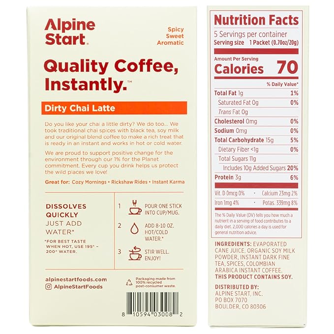 Alpine Start Instant Dirty Chai Latte, Coffee Blended with Traditional Chai Spices, Black Tea and Soy Milk, Vegan and Dairy Free (0.70 Oz) Pack of 5 (3 Pack - Total 15 Sticks)