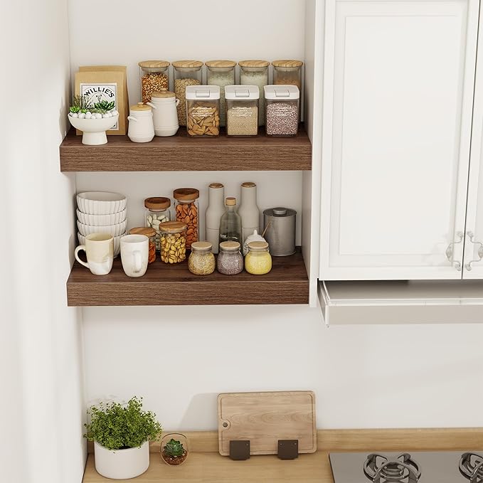 24 Inch Floating Shelves, 12" Deep Floating Shelf Wall Mounted, 24" Wall Shelves, Rustic Deep Bookshelf, Extra Deeper & Thicker Display Shelves for Bedroom, Living Room, Walnut, Set of 2