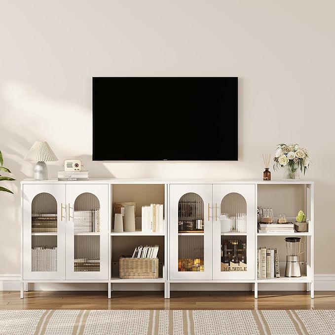 GarveeHome Glass Door Sideboard Cabinet, Modern Storage Buffet with Metal Handles & Adjustable Shelves, Solid Wood Frame Display Cabinet for Living Room, Dining Room, Kitchen, Entryway, White