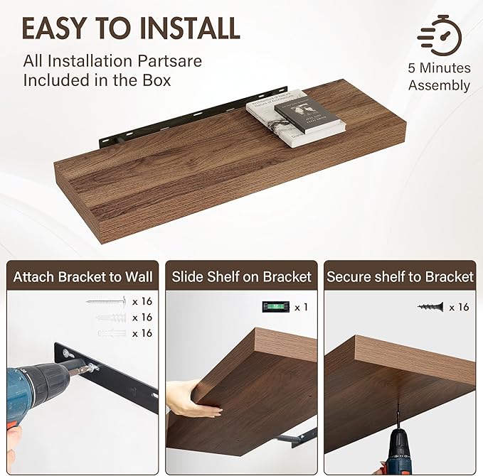 36 Inch Floating Shelves, 12" Deep Floating Shelf Wall Mounted, 36" Wall Shelves, Rustic Deep Bookshelf, Extra Deeper & Thicker Display Shelves for Bedroom, Living Room, Walnut, Set of 2