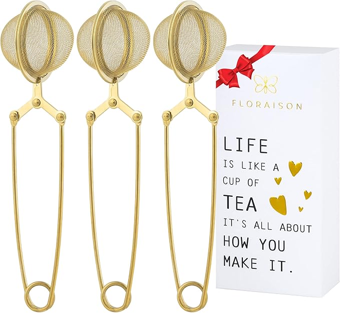 Tea Infuser Tea Ball Tea Filter with Clip for Brew Loose Tea Perfect Pincer Tea Infuser Busket Colador Infusor té Metal Mesh Tea Filter Sifter Fine Mesh Ball Tea Filter (Gold Long Handle Tea Filter)