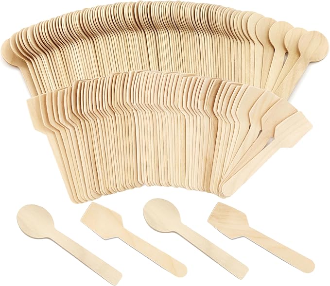 200 Pack Variety Mini Wooden Spoons (100 Square + 100 Round) - 4" Mini Tasting Spoons for Gelato, Ice Cream, Yogurt & Charcuterie Jars - Biodegradable Birchwood Sample Spoons for Parties