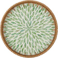 Round Rattan Tray for Home Decor 11.8 inch, Modern and Boho Decor Serving Tray with Mother of Pearl Inlay, Wicker Basket for Coffee Table, Hand Woven Decorative Tray Plates (Green)