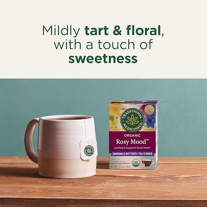 Traditional Medicinals Organic, Rosy Mood, Damiana & Butterfly Pea Flower - Uplifting Mood Support - Kosher, Non-GMO, Caffeine-Free, Compostable - 96 Tea Bags (6 Packs of 16)