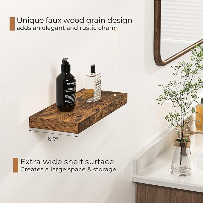Fun Memories Floating Shelves - 16 Inch Rustic Brown Wall Shelf - Wall Mounted Shelves for Wall Decor Storage - Wooden Shelves with Invisible Brackets for Living Room, Bedroom, Kitchen, 2 Pack