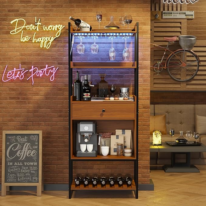 Wine Bar Cabinet with LED Lights, Industrial 67" Tall Coffee Bar with Glass Rack, Liquor Cabinet Wine Rack Storage Metal Wood Sideboard Buffet for Home Dining Living Room, Brown