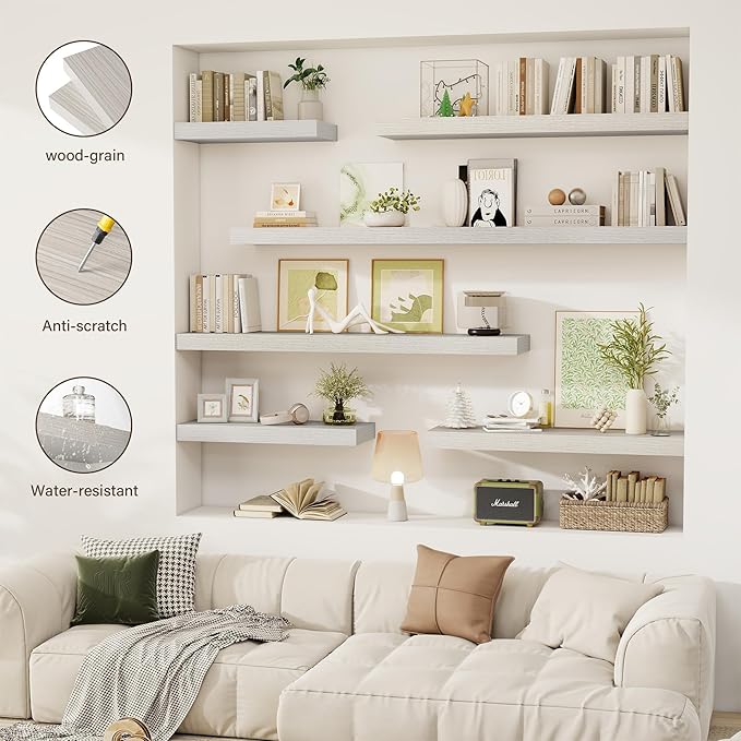 48 Inch Floating Shelves, 12" Deep Floating Shelf Wall Mounted, 48" Wall Shelves, Rustic Deep Bookshelf, Extra Deeper & Thicker Display Shelves for Bedroom, Living Room, Gray, Set of 2