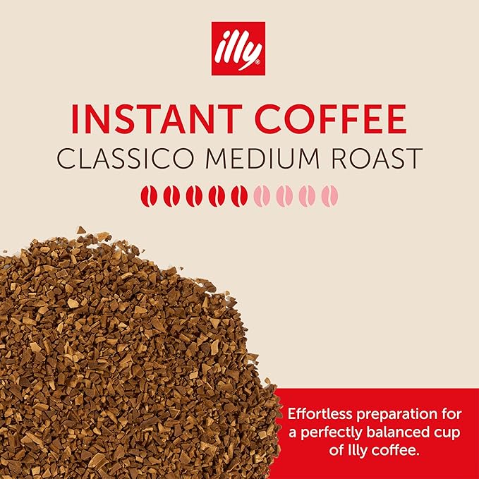 Illy Instant Coffee, Classico Medium Roast - Mild & Balanced - 100% Arabica - Smooth & Flavorful - Sealed for Freshness - 3.3oz can (Pack of 6)