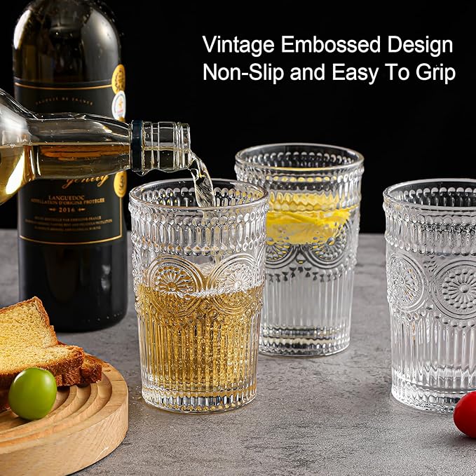 Vintage Glassware Drinking Glasses Set of 6,13 oz Clear Textured Flower Design Glass Water Tumblers，Embossed Striped Drinkware for Water,Cocktails,Juice,Iced Coffee