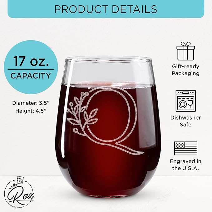 On The Rox Drinks Monogrammed Gifts For Women and Men - Letter A-Z Initial Engraved Monogram Stemless Wine Glass - 17 Oz Personalized Wine Gifts For Women and Men (Q)