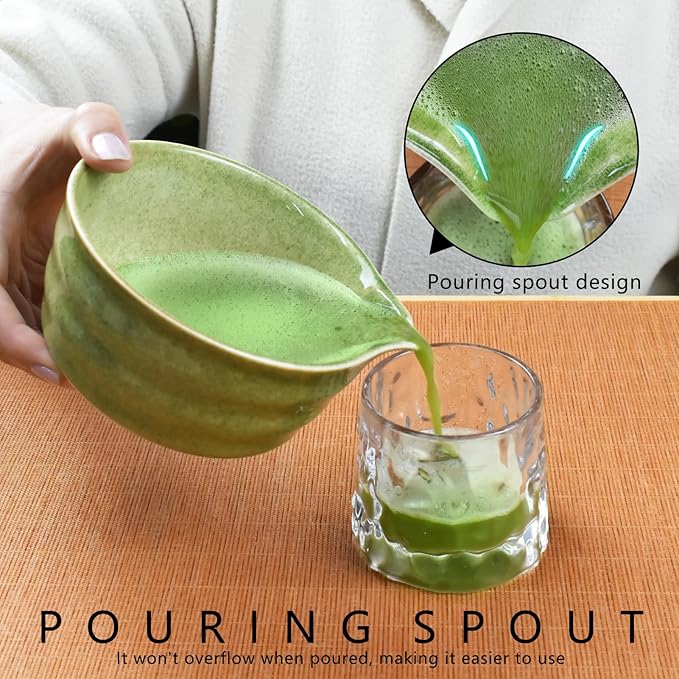 Artcome 7-Piece Matcha Tea Set - Complete Japanese Ceremony Kit with Bowl, Whisk, Scoop, Strainer & Guide, Mottled Green
