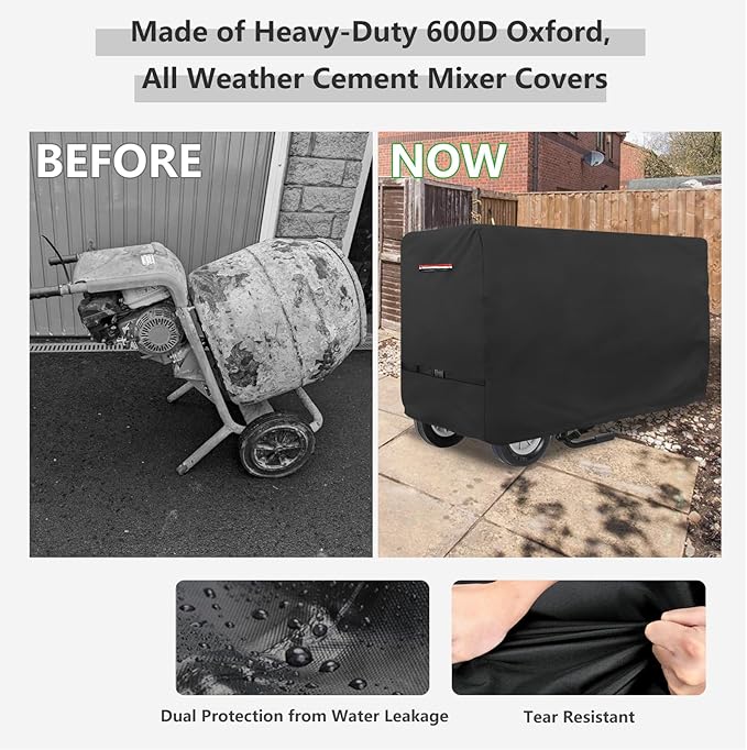 Outdoor Concrete Mixer Cover,Heavy Duty Waterproof Cement Mixers Cover,Made of Heavy-Duty 600D Oxford, All Weather Cement Mixer Covers(50.5"Dx31.5"Wx30"H)
