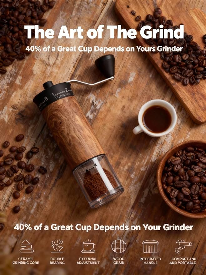 LAMIDO Mini Manual Coffee Grinder, 56 External Adjustable Settings, 30g Capacity, Portable Ceramic Conical Burr Mill with Crank, Single Dose Hand Grinder for Camping, Travel - Wood Grain