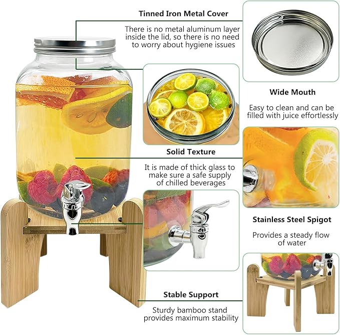 Tfwadmx 1 Gallon Drink Dispenser for Parties, Beverage Dispenser With Wood Stand Lemonade Dispenser Iced Tea Pitcher Party Beverage Dispenser for Lemonade, Juice, Punch, Water, Outdoor, Daily Use