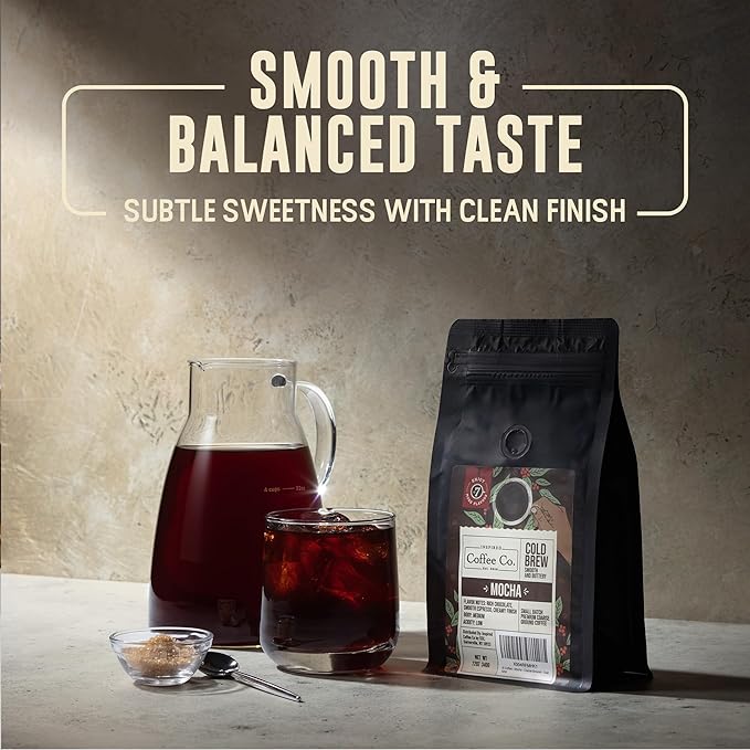 Inspired Coffee Co Cold Brew Coffee - Mocha Flavored - Coarse Ground Beans For Perfect Medium Roast Low Acid Smooth Taste - 100% Arabica Grounds 12 oz. Resealable Bag