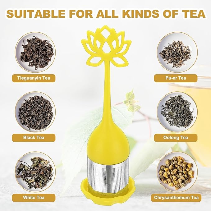 uxcell 2 Pcs Lotus Tea Infuser, Stainless Steel Loose Leaf Tea Steeper Filter with Silicone Handle Reusable Thin Pores Mesh Strainer Diffuser for Teacups Teapots Mugs, Yellow