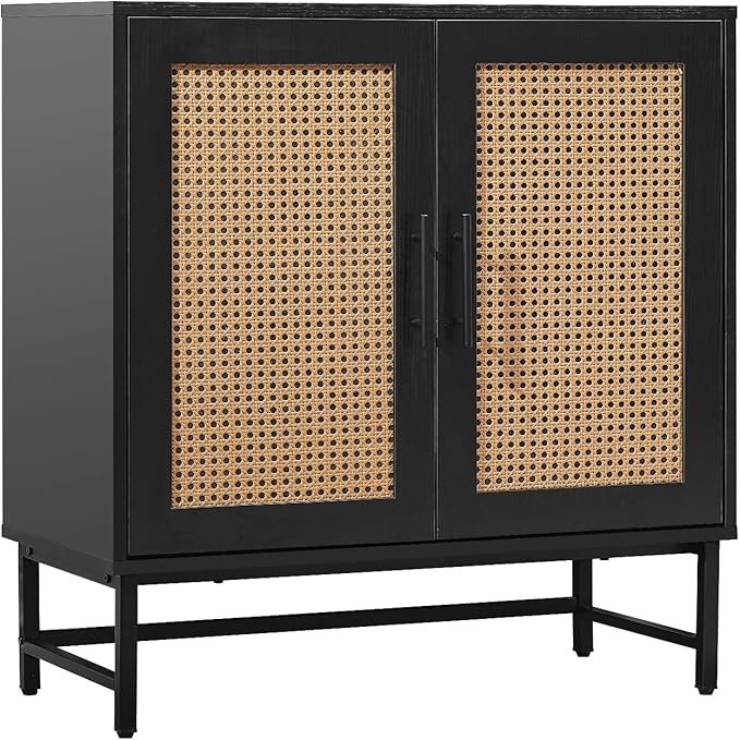Storage Cabinet with PE Rattan Door, Sideboard Buffet Kitchen Cabinet, Modern Stylish Accent Furniture for Dining Room, Bedroom, Hallway, Living Room, Coffee Bar, Corner, Black