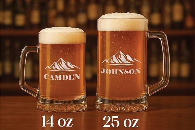 Personalized Beer Mug with Handle, Custom Engraved 14 or 25 oz Beer Glass, Laser Etched Beer Stein, Groomsmen Gift, Husband or Dad Gift