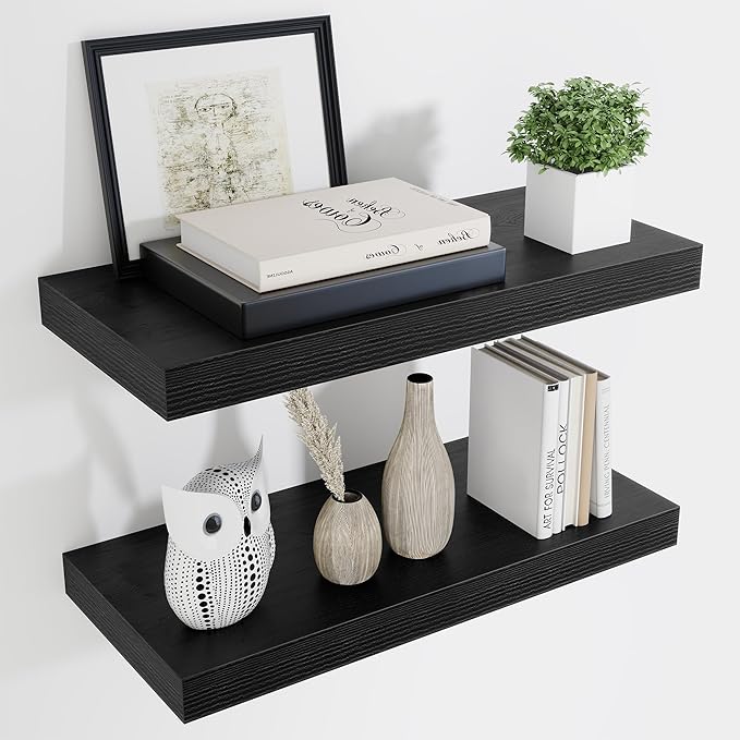 Fun Memories 24 Inch Floating Shelves Wall Mounted, 10 Inch Deep Wall Shelves, 24 x 10 Floating Shelf for Living Room Bathroom Bedroom, Black, Set of 2