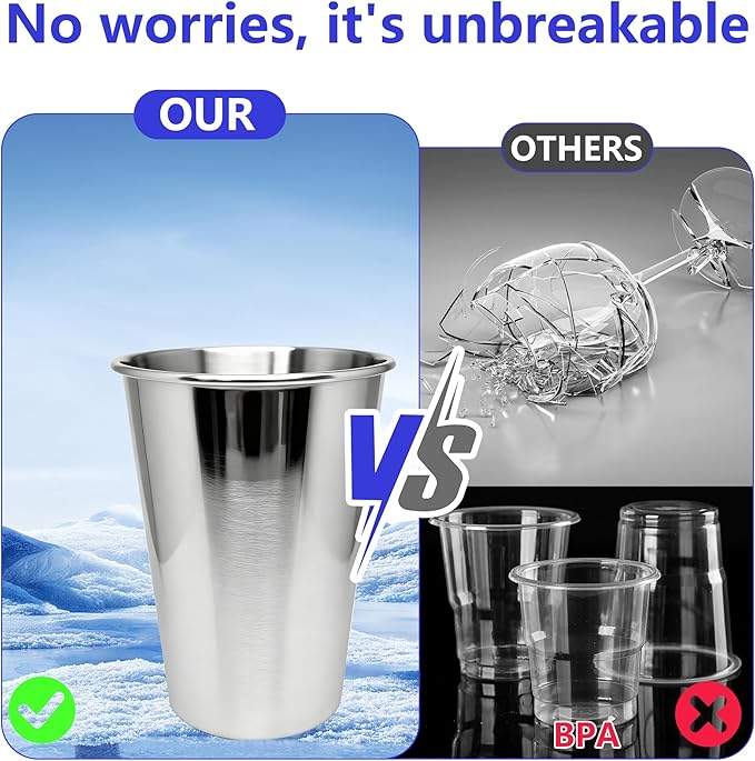 20oz 10PCS Stainless Steel Pint Cup,Pint Tumbler,Reusable metal Cups,Stainless Steel Water Tumbler,BPA Free,Stackble,Durable,Unbreakable Metal Drinking Glasses for Bar,Banquet Mugs (10, 20OZ)