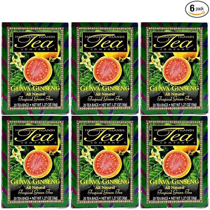 HAWAIIAN ISLANDS TEA COMPANY Guava Ginseng Green Tea, All Natural - 120 Teabags (6 Boxes)