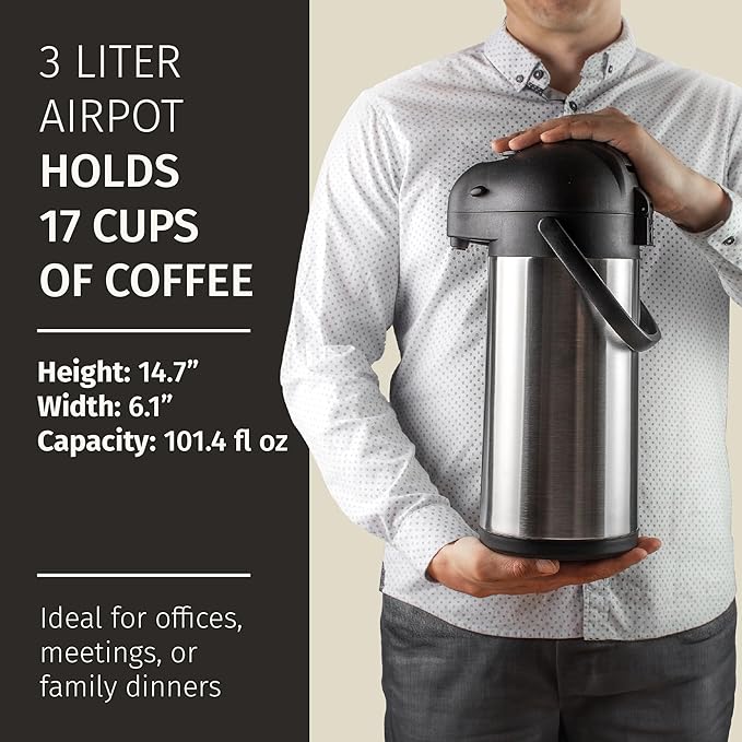 Airpot Coffee Dispenser with Pump & Tray - 102oz/3L Coffee Carafe with Pump - 12 Hours Hot Drink Dispenser for Parties - Stainless Steel Thermal Carafe for Hot Cocoa Bar -Easy-to-Use Insulated Pitcher