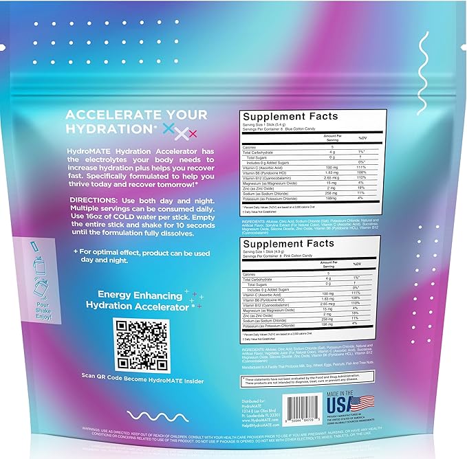 HydroMATE Electrolytes Powder No Sugar Cotton Candy - 16 Sticks Instant Hydration Packets with Vitamin C to Boost Energy - Sugar Free Electrolytes to Support Hydration on Keto Diet & Party Recovery
