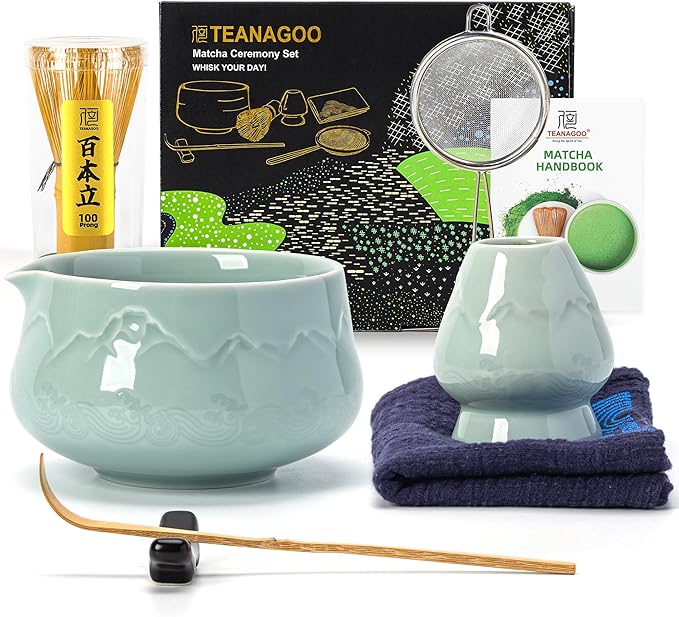 TEANAGOO 7 Pcs Matcha Whisk Set Blue, Ceramic Matcha Set, Matcha Kit for Ceremony, Matcha Tea Set for Making Breakfast/Latte, Tradition Whisk Set and Bowl with Scoop&Sifter, Gift for Friend/Family