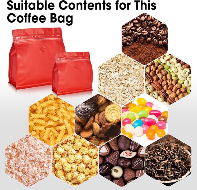 50 Count 16oz Coffee Bags with Valve,1lb Vented Coffee Beans Packaging Bags High Barrier Aluminumed Foil Flat Bottom Heat Sealed Side Zipper Resealable Storage Bag for Home or Business(Red）