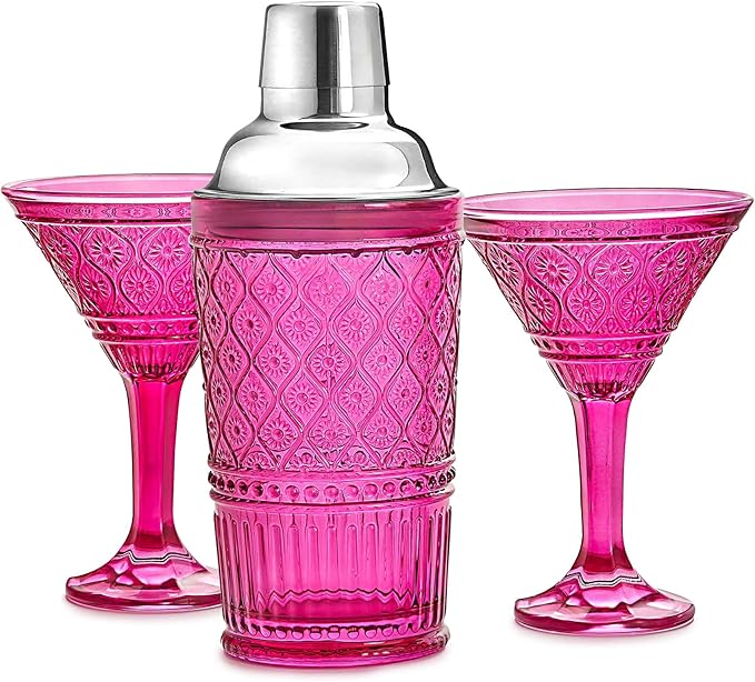 Godinger Cocktail Shaker and Martini Glasses Barware Gift Set, Martini Shaker and 2 Cocktail Glasses Set, Vintage Decor, Claro Collection, Pink