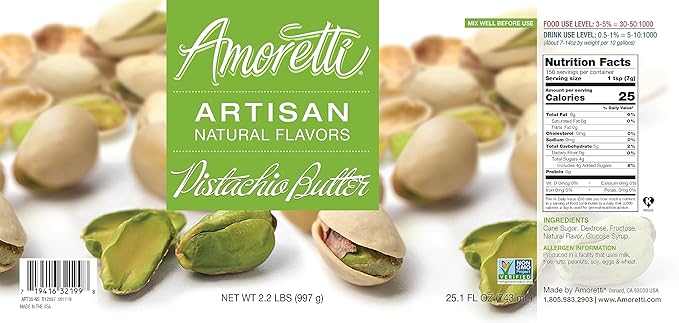 Amoretti - Natural Pistachio Butter Artisan Flavor Paste, 2.2 lbs, Perfect For Ice Cream, Beverages, Cakes, and more, Preservative Free, Vegan, Gluten Free, No Artificial Sweeteners, Concentrated